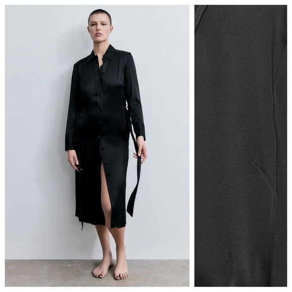 NWT. Zara Black Satin Effect Shirt Midi Dress with Belt. Size S. - Picture 1 of 10